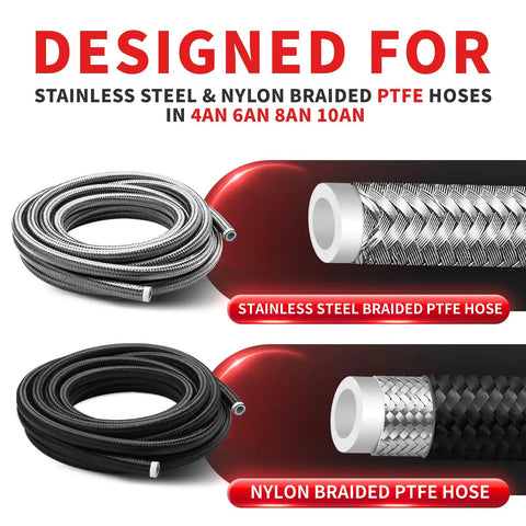 Pro Grade 4 In 1 PTFE Hose Tool For Fuel Lines Reaming And Separating Straightens Ends And Guides Ferrule On Braided Fuel Hose 4AN 6AN 8AN 10AN With 6AN Fitting Wrench For Leak Free Install, showing stainless steel and nylon braided PTFE hoses.