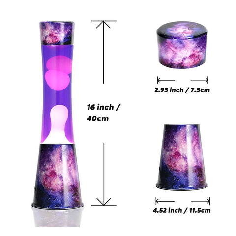 16 Inch Magma Lamp Liquid Motion Galaxy Design with Colormax White Wax in Purple Liquid Decal Base shown with dimensions