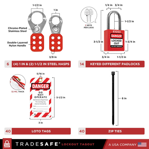 Lockout Tagout Station With LOTO Devices For OSHA Compliance And Industrial Safety, 14 Pack Safety Lock Set, 6 Hasps, 40 Tags