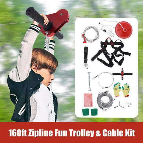 Easy Backyard Zip Line Kit For Kids And Grownups, 160 Ft Of Thrill, Supports Up To 330 Lbs, Trolley With Seat, Safety Harness visible