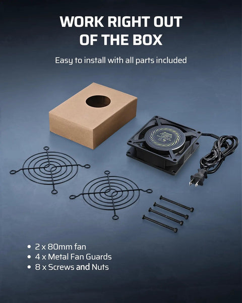 Built Like A Tank Waterproof Exhaust Fan 80mm 2 Pack with essential parts like metal fan guards and screws.
