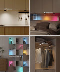 Motion Sensor Puck Lights With Remote No Fuss 2400mAh Rechargeable RGBW Wireless Under Cabinet Lighting Kit in various home settings