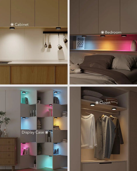 Motion Sensor Puck Lights With Remote No Fuss 2400mAh Rechargeable RGBW Wireless Under Cabinet Lighting Kit in various home settings