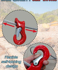 Red slip hook attached to a beefy single leg wire rope sling one half inch diameter ten foot rigging cable with self-locking design.