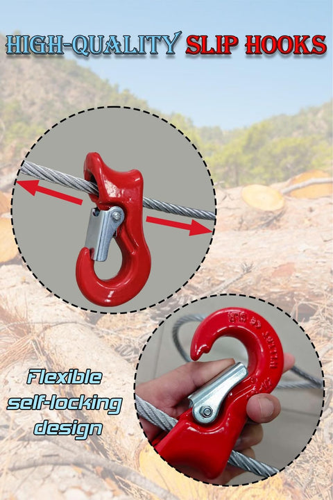 Red slip hook attached to a beefy single leg wire rope sling one half inch diameter ten foot rigging cable with self-locking design.