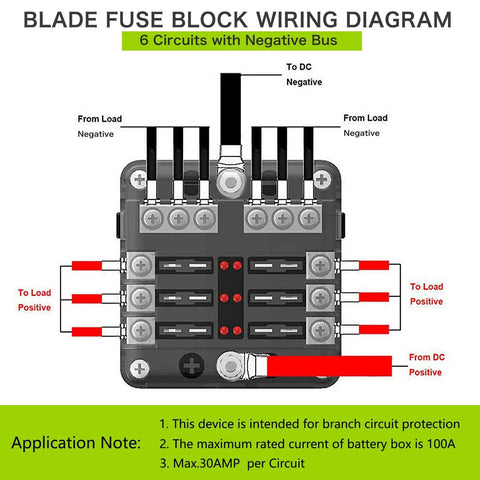 Waterproof 6 Way Fuse Block With Ground Negative Busbar 100 Amp Max LED Indicator 12-24V DC wiring diagram with application notes.