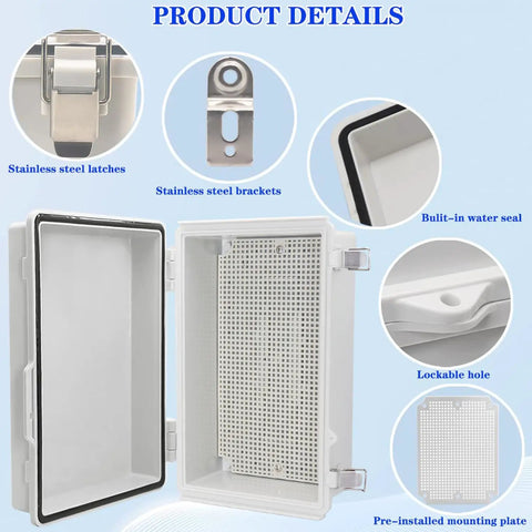 Weatherproof Electrical Enclosure IP67 Rated Junction Box with stainless steel latches, brackets, and built-in water seal.