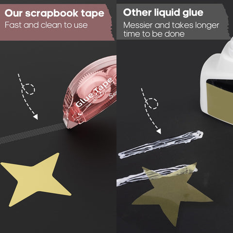 Comparison of 12 Pack Scrapbook Tape Roll Set For Craft Pros with liquid glue, mess-free tape vs messy glue application.