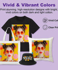 Inkjet Printable Heat Transfer Vinyl For T Shirts With Alignment Masks, 7 Sheets 8.5 By 11 Inches, Easy Iron On Transfer Paper For Light And Dark Fabrics, Vivid Colors, Parchment Included used on black t-shirt, pillow, tote bag, and cap