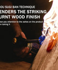 Shou Sugi Ban technique creating burnt wood finish on garden fence edging