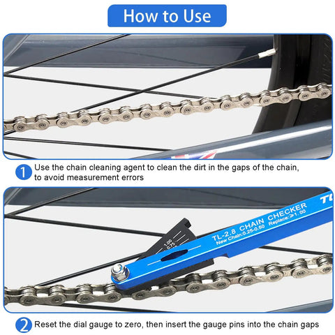 Close-up of All-In-One Bike Chain Wear Gauge And Checker Tool measuring chain stretch on a bike, blue aluminum alloy.