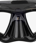 Front view of Nano 2-Lens Dive Mask for Scuba and Freediving, ultra low-profile hydrodynamic design in black on black.