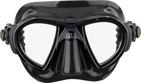 Front view of Nano 2-Lens Dive Mask for Scuba and Freediving, ultra low-profile hydrodynamic design in black on black.