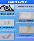 Compact Electric Water Transfer Pump With Top Shelf Food Grade Hoses And Plug And Play Adjustable Speed Settings For A Steady Two Liter Per Minute Stream During Quick 110 Volt Hookups with speed adjustable switch and food grade components.
