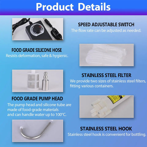 Compact Electric Water Transfer Pump With Top Shelf Food Grade Hoses And Plug And Play Adjustable Speed Settings For A Steady Two Liter Per Minute Stream During Quick 110 Volt Hookups with speed adjustable switch and food grade components.