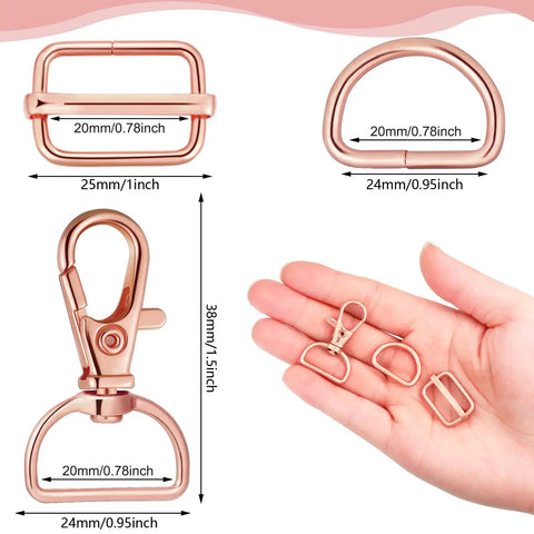 Slick D Rings Kit With Swivel Clasps Slide Buckles And Lobster Hooks For Handbags Lanyards Dog Gear and Craft Sewing showing sizes