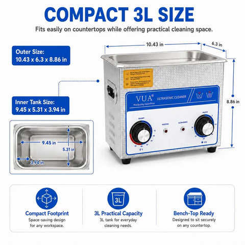 3L Ultrasonic Cleaner With Heater 40kHz Pro Jewelry Cleaner With Timer Control Stainless Steel Sonic Cleaner dimensions view