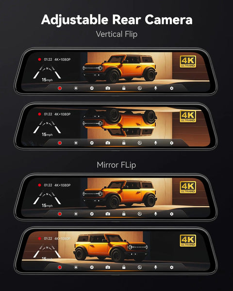 12 Inch 4K Front Dash Cam With 1080P Rear, Smart Mirror Backup System, adjustable rear-view mirror display with a car image.