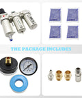 Heavy Duty 1/2 Inch Npt Industrial Three Stage Air Dryer Filter With Auto Drain For Compressed Gas Moisture And Oil Removal Slick Pneumatic Filtration System package contents including filter unit, blue packets, pressure gauge, and connectors.