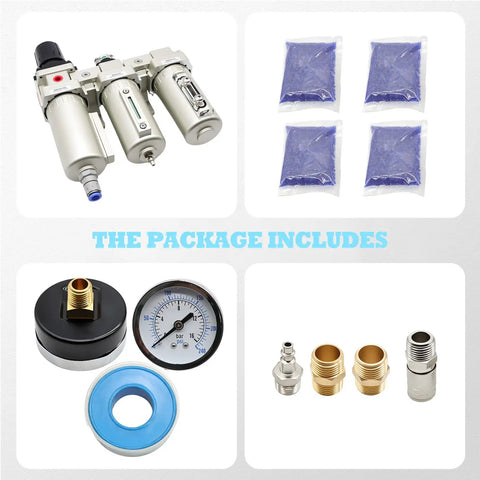 Heavy Duty 1/2 Inch Npt Industrial Three Stage Air Dryer Filter With Auto Drain For Compressed Gas Moisture And Oil Removal Slick Pneumatic Filtration System package contents including filter unit, blue packets, pressure gauge, and connectors.
