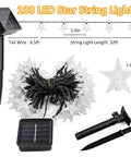 Solar Star String Lights 39Ft Outdoor Waterproof Fairy Lights with 100 LEDs, star detail and solar panel.