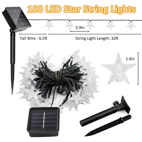 Solar Star String Lights 39Ft Outdoor Waterproof Fairy Lights with 100 LEDs, star detail and solar panel.