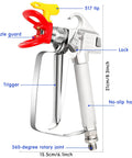 Straight Up Solid Airless Paint Spray Gun Replacement Parts Kit Featuring 3600 Psi Power and Reversible 517 Yellow Tips Along With Red Universal Guards Quarter Inch Swivel Threads Six Pack For Fast Jobs close-up view of spray gun with 517 tip and nozzle guard.