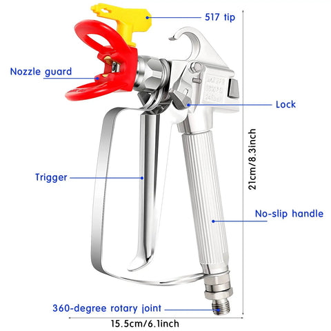 Straight Up Solid Airless Paint Spray Gun Replacement Parts Kit Featuring 3600 Psi Power and Reversible 517 Yellow Tips Along With Red Universal Guards Quarter Inch Swivel Threads Six Pack For Fast Jobs close-up view of spray gun with 517 tip and nozzle guard.