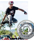 Skater performing jump with inline skate replacement wheels 72Mm 76Mm 82A for indoor outdoor use with bearings, close-up of wheel.