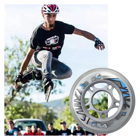 Skater performing jump with inline skate replacement wheels 72Mm 76Mm 82A for indoor outdoor use with bearings, close-up of wheel.