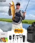 Angler holding fish with 85 Piece Fishing Tool Kit With Backpack Pliers Lip Gripper Hook Remover And Tackle Box Set Including 78 Lures
