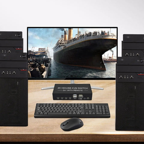 Image of 4K HDMI KVM Switch For Dual Computers Seamlessly Share One Monitor With USB 3.0 Hub Quick Toggle Keyboard And Mouse Printer On Windows Linux PS5 Xbox, with two PCs and a keyboard.