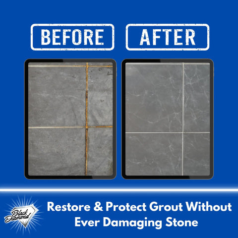 Before and after results of Ultimate Grout Cleaner For Tile Floors Acid Free Formula Deep Clean on tile grout.
