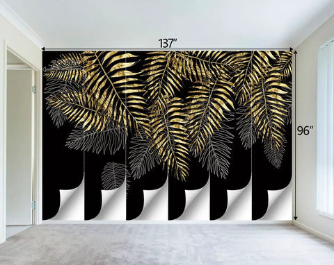 Epic 3D Cave Ocean Landscape Wall Mural for Bedroom and Living Room featuring gold leaves on black, 137x96 inches