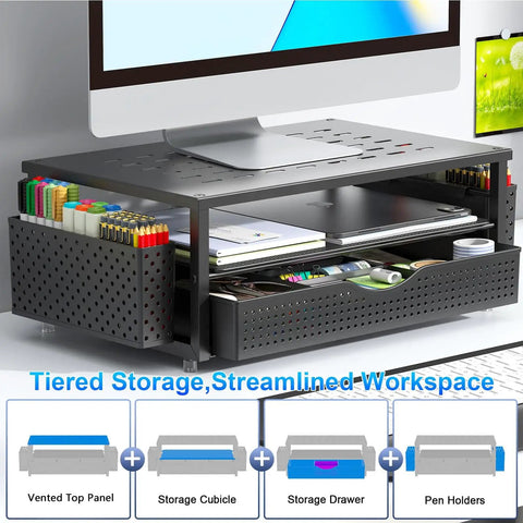 Desk Organizer And Monitor Stand With Drawer And Two Pen Holders Black Space Saving Desktop Riser For Office And Dorm Room Setup Built In Drawer Cable Management Sturdy Metal Construction With Non Slip Feet