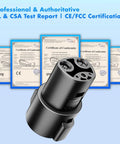 J1772 To Tesla Adapter Slick EV Charger Connector with certificates in background showcasing safety and compliance.