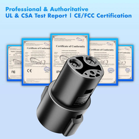 J1772 To Tesla Adapter Slick EV Charger Connector with certificates in background showcasing safety and compliance.