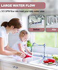 Mother and child using kitchen sink with Hot Water Recirculating Pump With Stainless Steel Head And Aluminum Housing Three Quarter Inch NPT 93 Watt For Domestic Water Heater System Brass Fittings And Water Stop Included Built To Last installed
