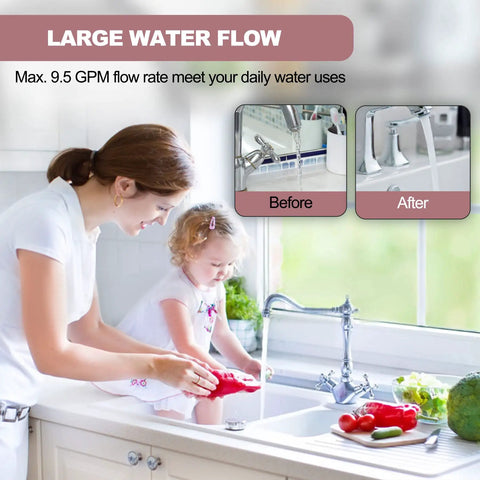 Mother and child using kitchen sink with Hot Water Recirculating Pump With Stainless Steel Head And Aluminum Housing Three Quarter Inch NPT 93 Watt For Domestic Water Heater System Brass Fittings And Water Stop Included Built To Last installed