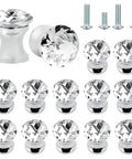 Super Sparkle 16-Pack Crystal Glass Cabinet Knobs With Shiny Aluminum Bases showing 12mm knobs and M4 screws for drawers.