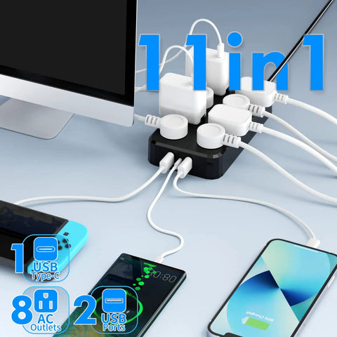 All Weather Outdoor Power Strip With 8 Outlets And 3 USB Ports IPX6 Waterproof Surge Protector for garden and patio usage.