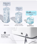 NCVI baby bottle washer with sterilizer and dryer; holds 6 bottles; infographic with dishwasher and suction-lock drain pipe.