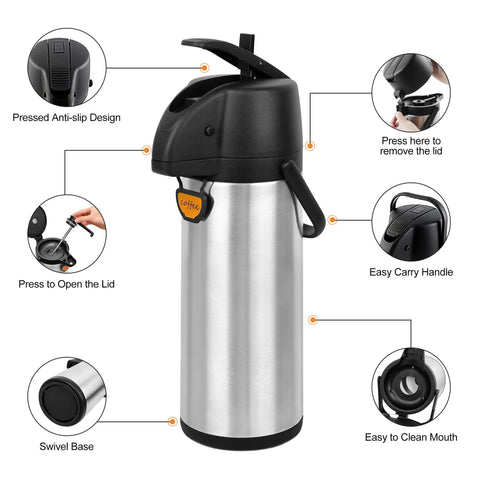 Pump Action Airpot Coffee Dispenser 3L Stainless Steel Thermal Carafe with features labeled for easy use.