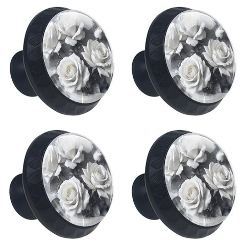Four Pack 1.37 Inch Cabinet Knobs With Vintage Rose Florals Crystal Glass Dope Black Finish Drawer Pulls, top view