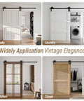 Scenes of Bypass Sliding Barn Door Hardware Kit Single Track System in carbon steel used in study, laundry, kitchen, and closet