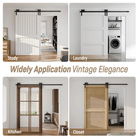 Scenes of Bypass Sliding Barn Door Hardware Kit Single Track System in carbon steel used in study, laundry, kitchen, and closet