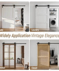 Bypass Sliding Barn Door Hardware Kit in diverse installations: study, laundry, kitchen, closet, showing versatile use.