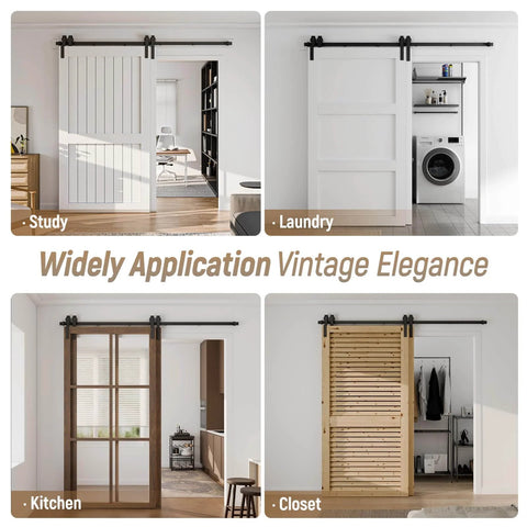 Bypass Sliding Barn Door Hardware Kit in diverse installations: study, laundry, kitchen, closet, showing versatile use.