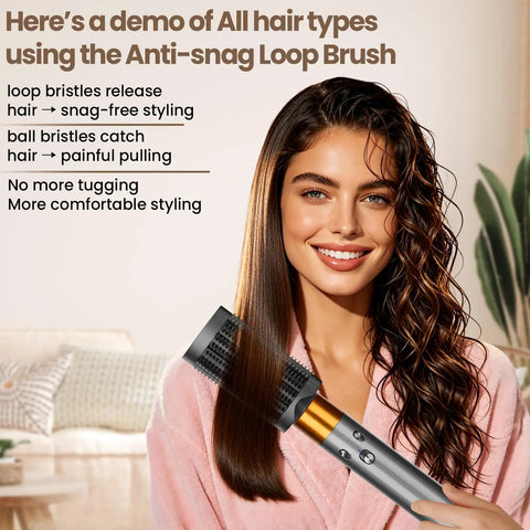 Woman using Anti Snag Loop Brush Attachment For Dyson Airwrap HS01 HS05 HS08 for smooth, frizz-free hair styling.