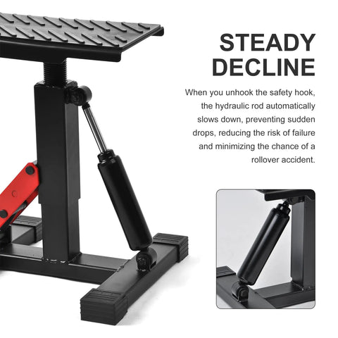 Close-up of Dirt Bike Stand Lift Table With Adjustable Height For Easy Maintenance Heavy Duty Motorcycle Hoist Jack 330 LB Capacity Rugged Garage Bike Accessory Gear showing hydraulic rod.